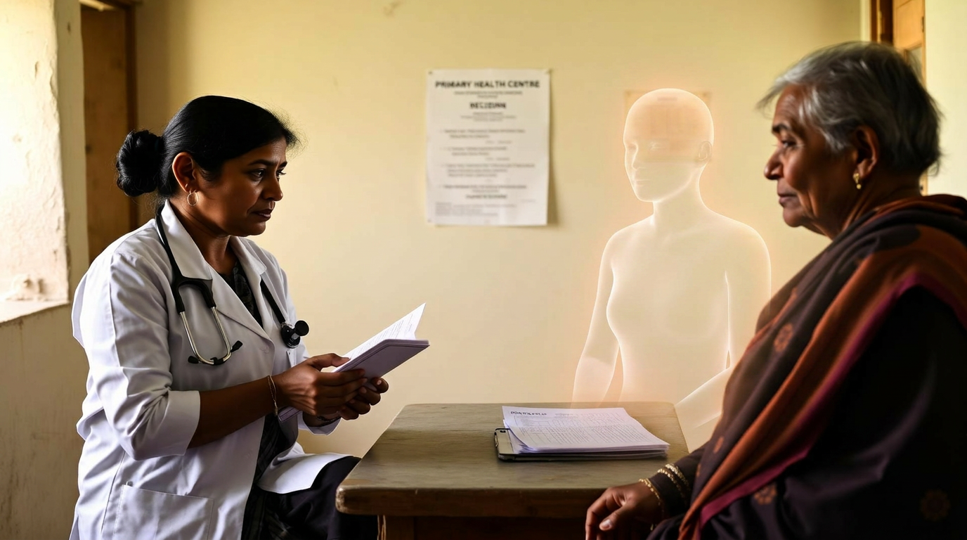 Rural Primary Health Centre doctor with an ASHA worker consulting an elderly patient