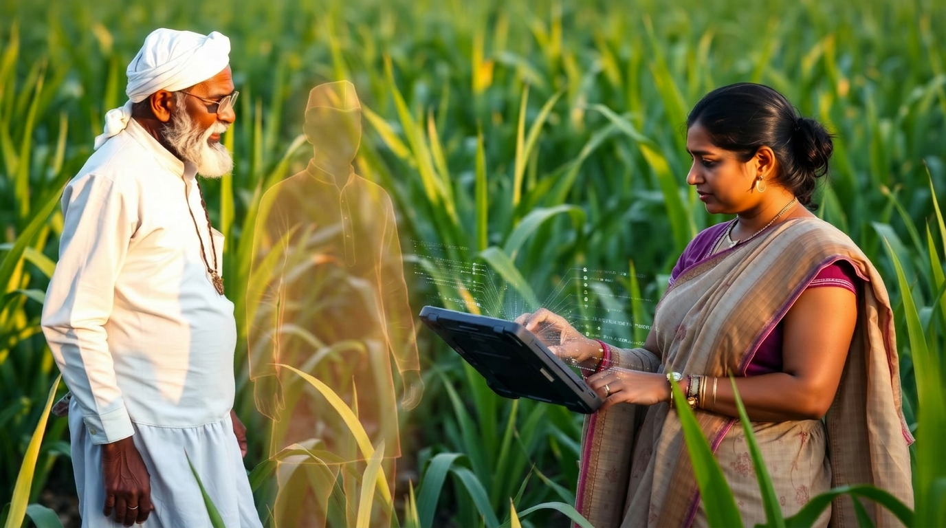 Marathi farmer in a sugarcane field with an agriculture extension officer reviewing a rugged tablet at sunrise