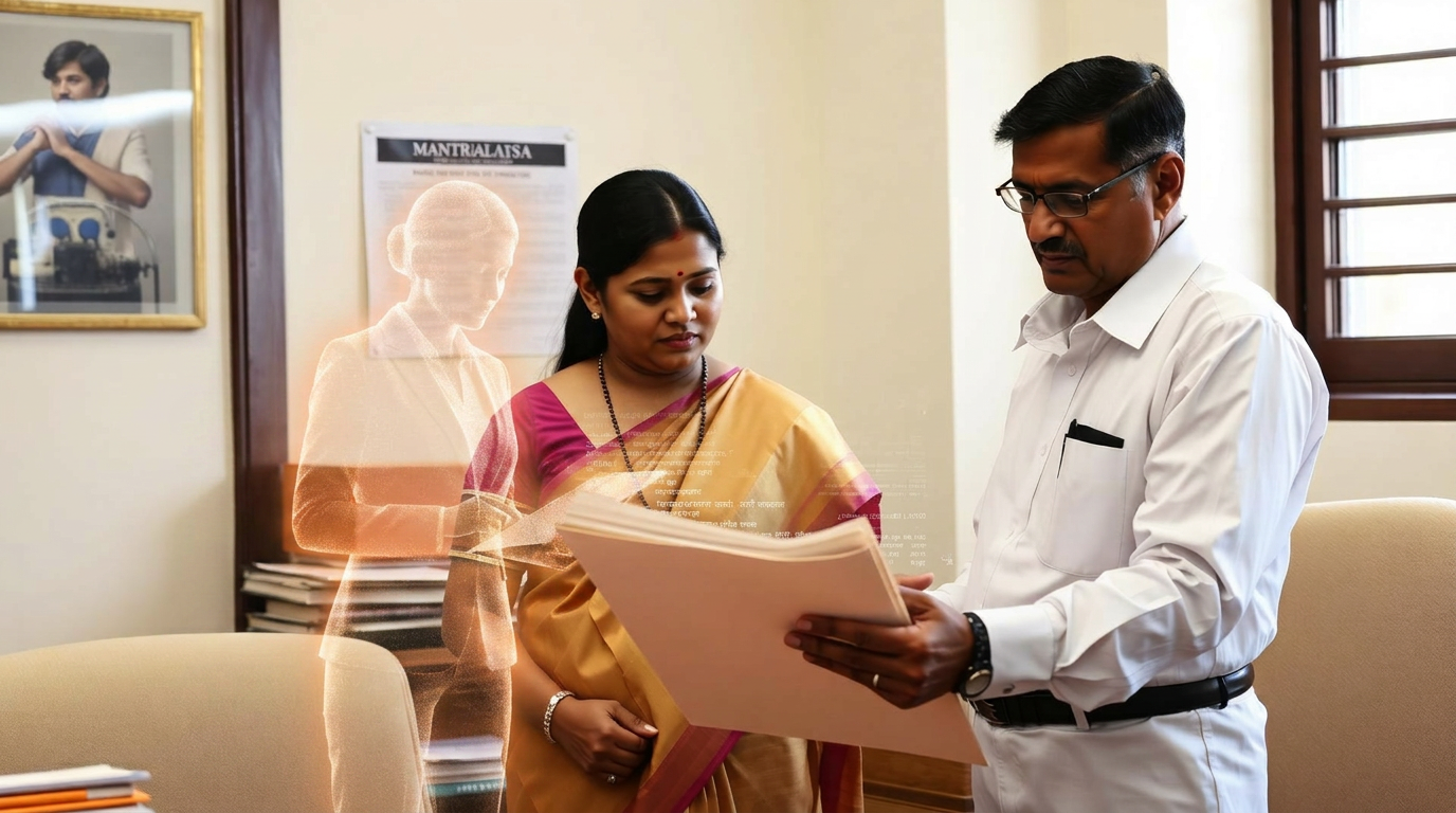 Senior IAS officer at Mantralaya Mumbai reviewing a citizen file with a junior officer