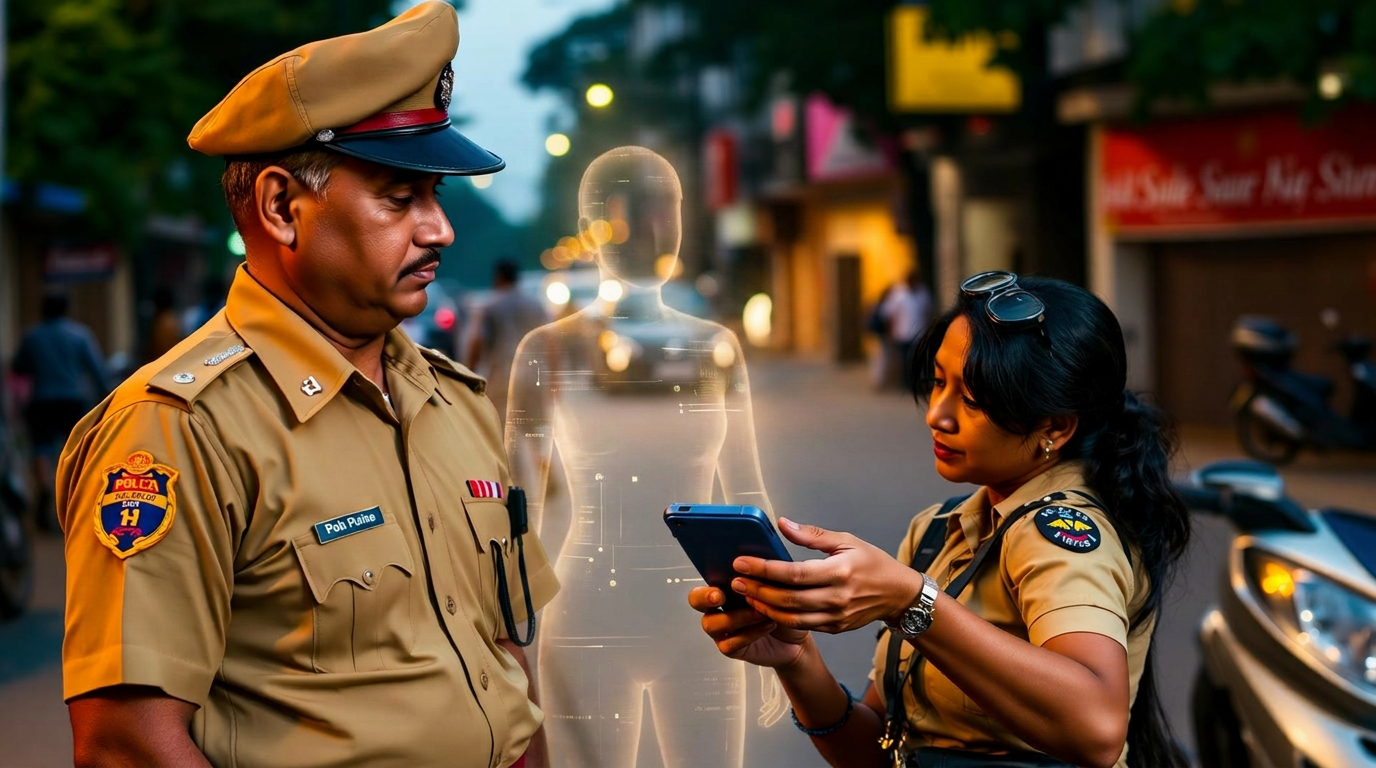 Maharashtra Police inspector and woman constable reviewing a handheld device on a Mumbai street at dusk