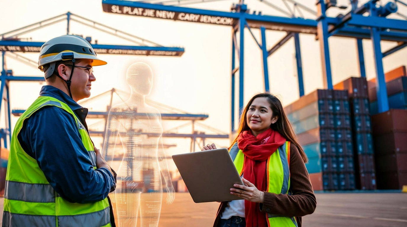 JNPT port supervisor with a logistics analyst on a laptop in front of container cranes at golden hour