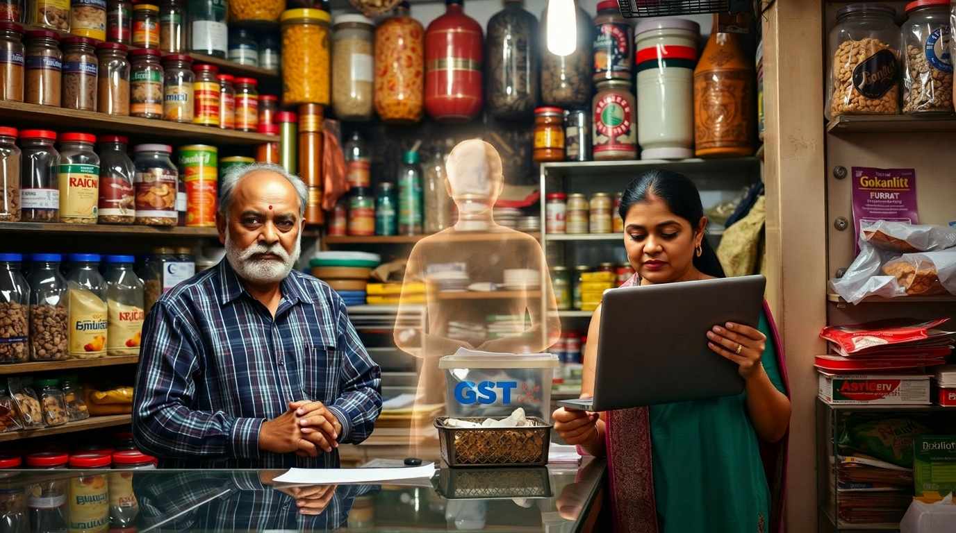 Pune kirana shopkeeper at his counter with a young accountant on a laptop helping with GST