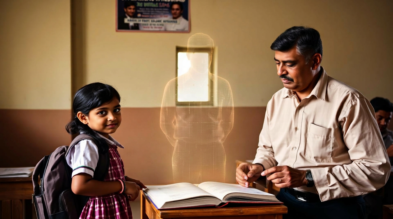 Marathi schoolgirl with a Zilla Parishad teacher reviewing a textbook in a rural classroom