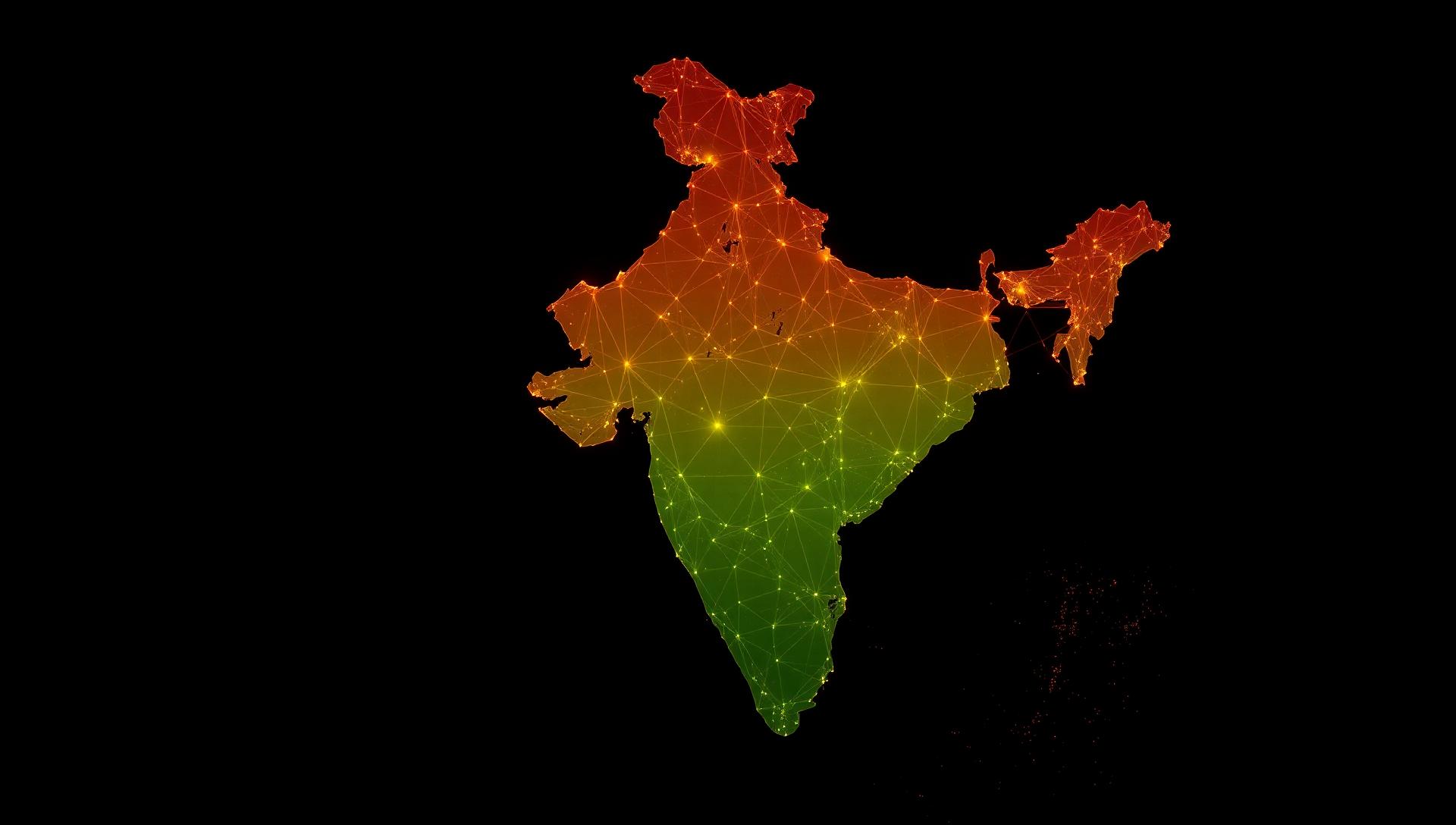 Wireframe map of India in saffron and Indian green tricolor gradient