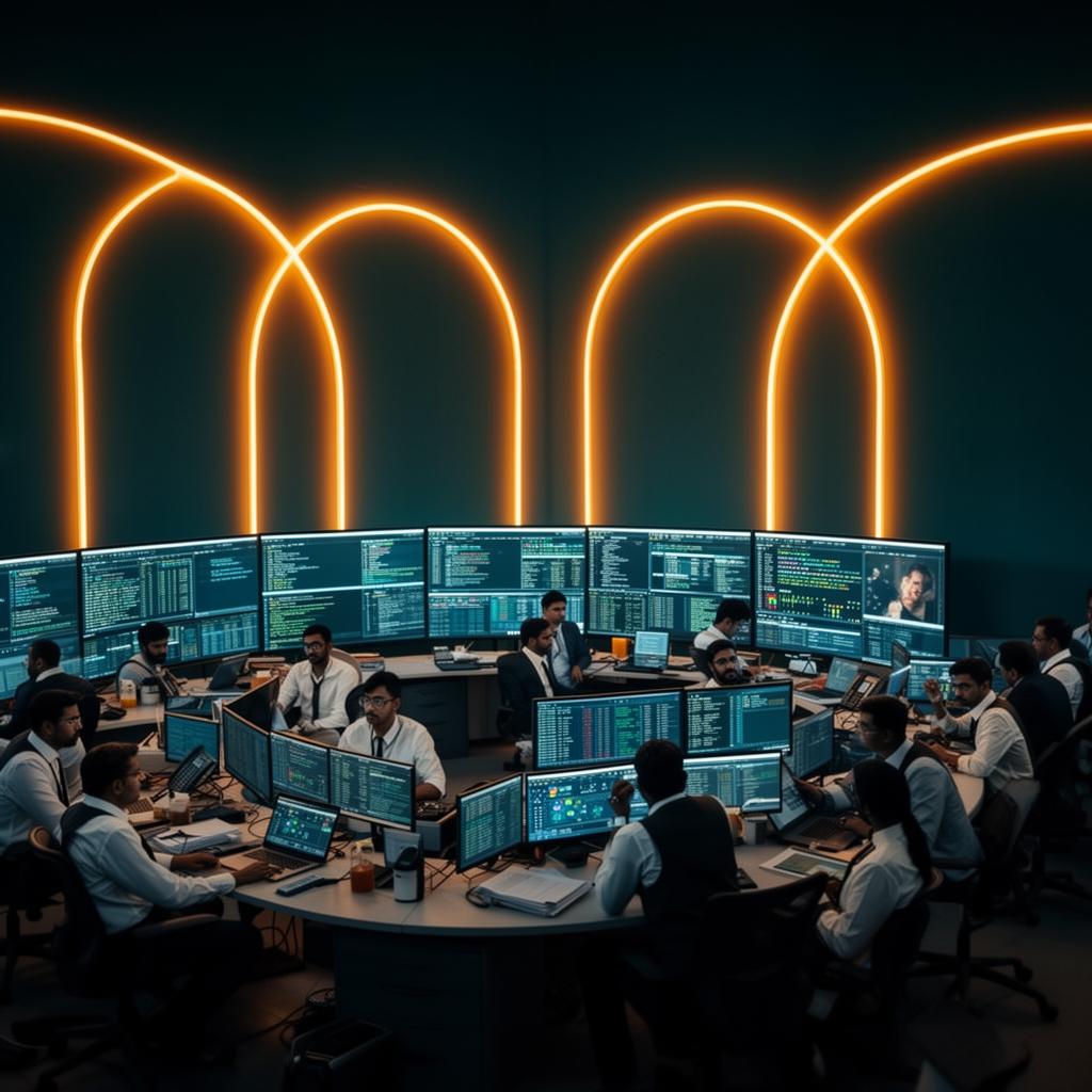 Mumbai mission-control room at night, engineers and IAS officers working under four glowing milestone arcs
