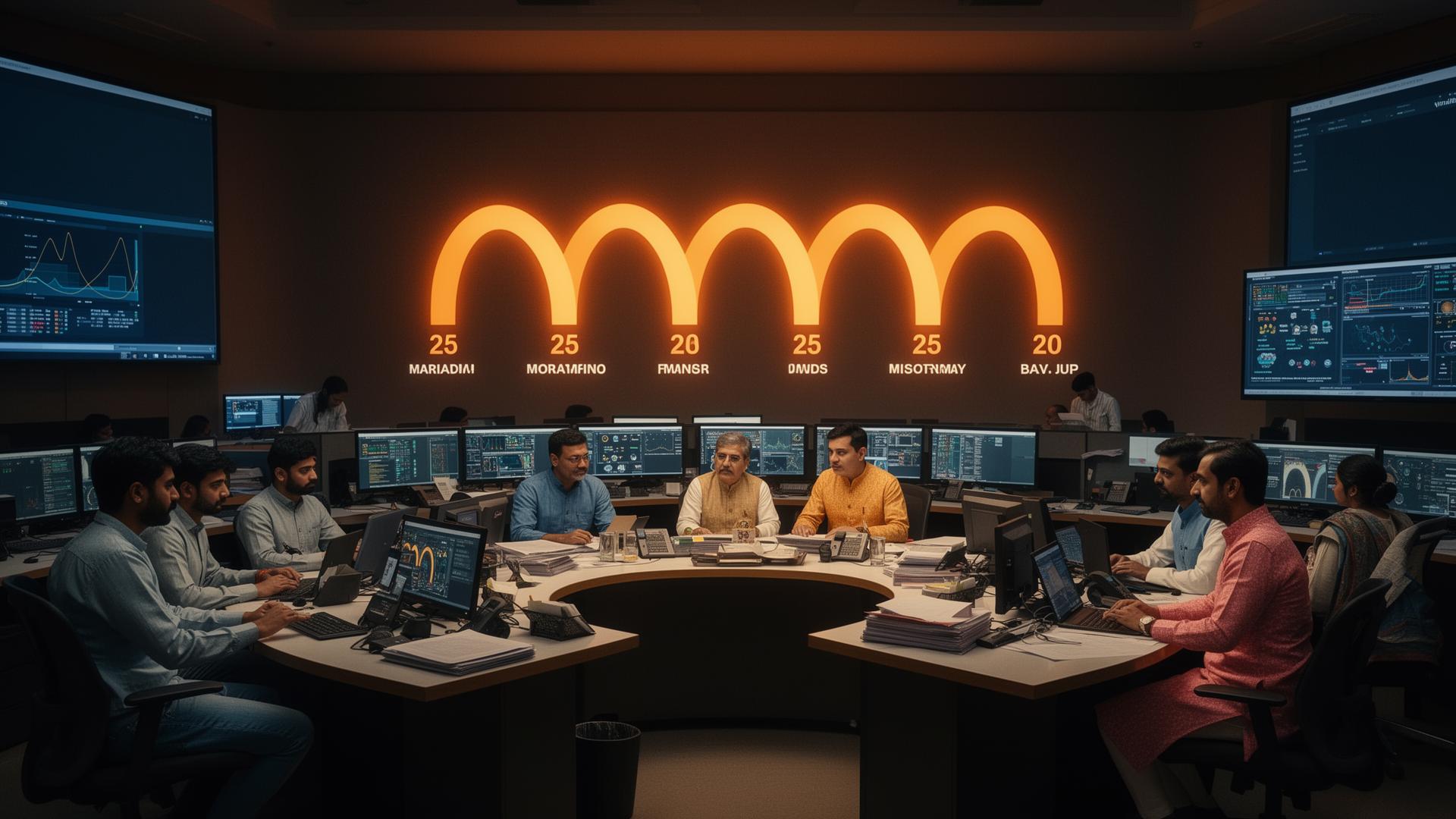 Mumbai mission-control room at night, engineers and IAS officers working under four glowing milestone arcs