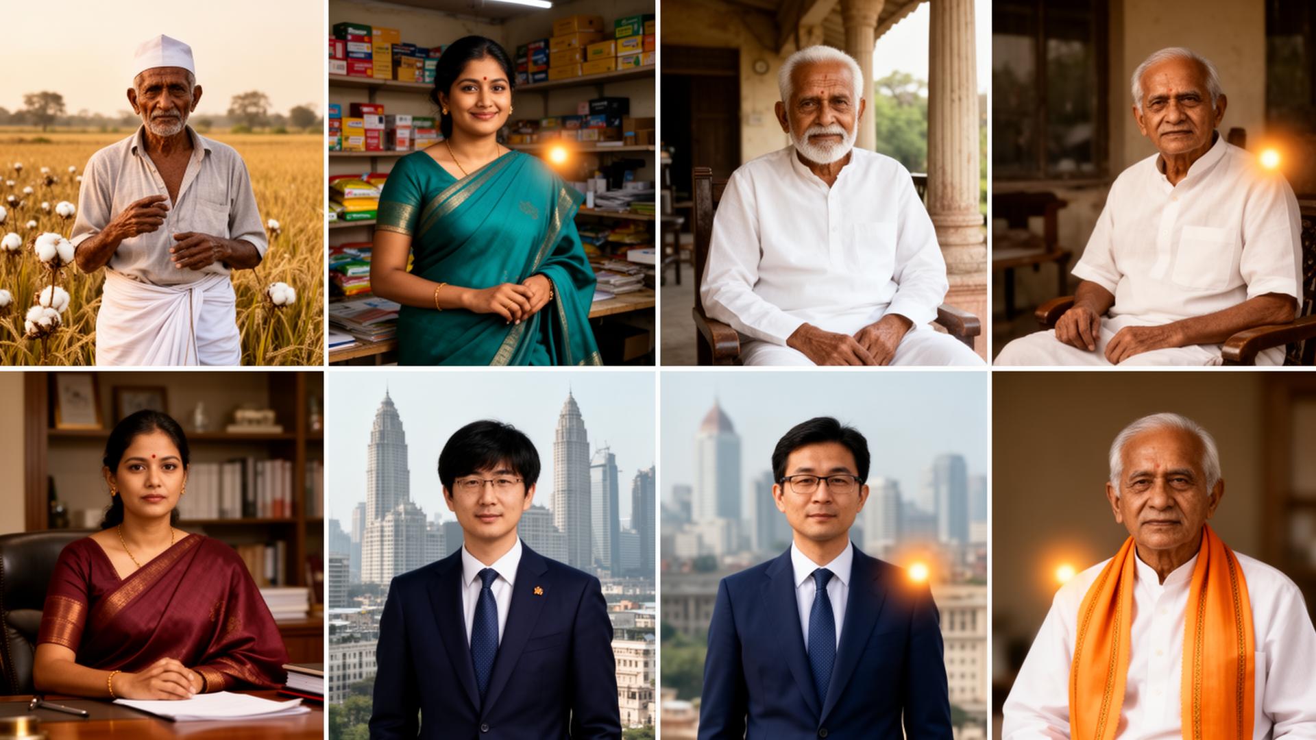 Eight realistic portraits of Maharashtra people each with a small AI companion glow