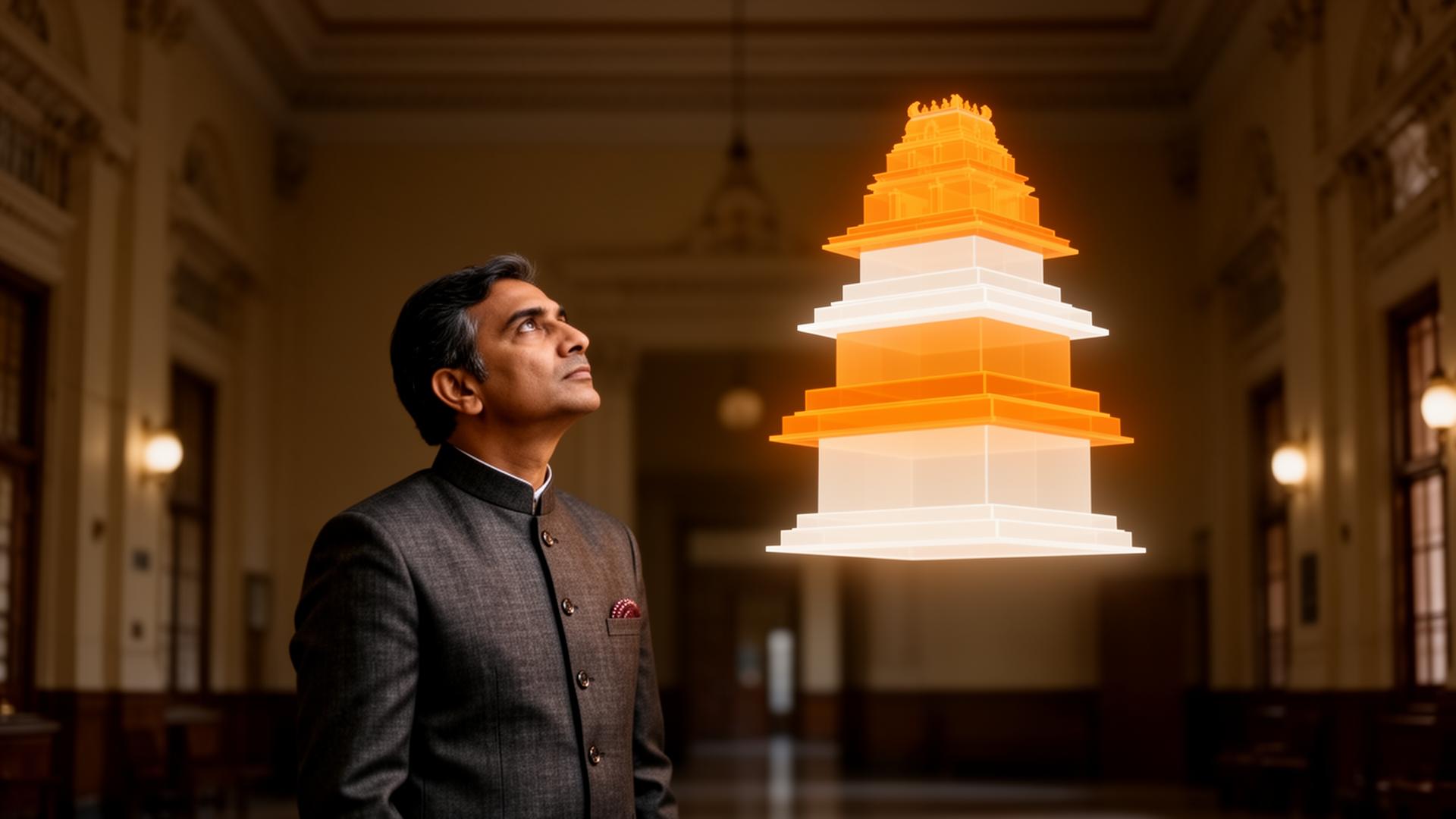 Officer at Mantralaya looking up at a four-tier saffron hologram resembling a temple gopuram