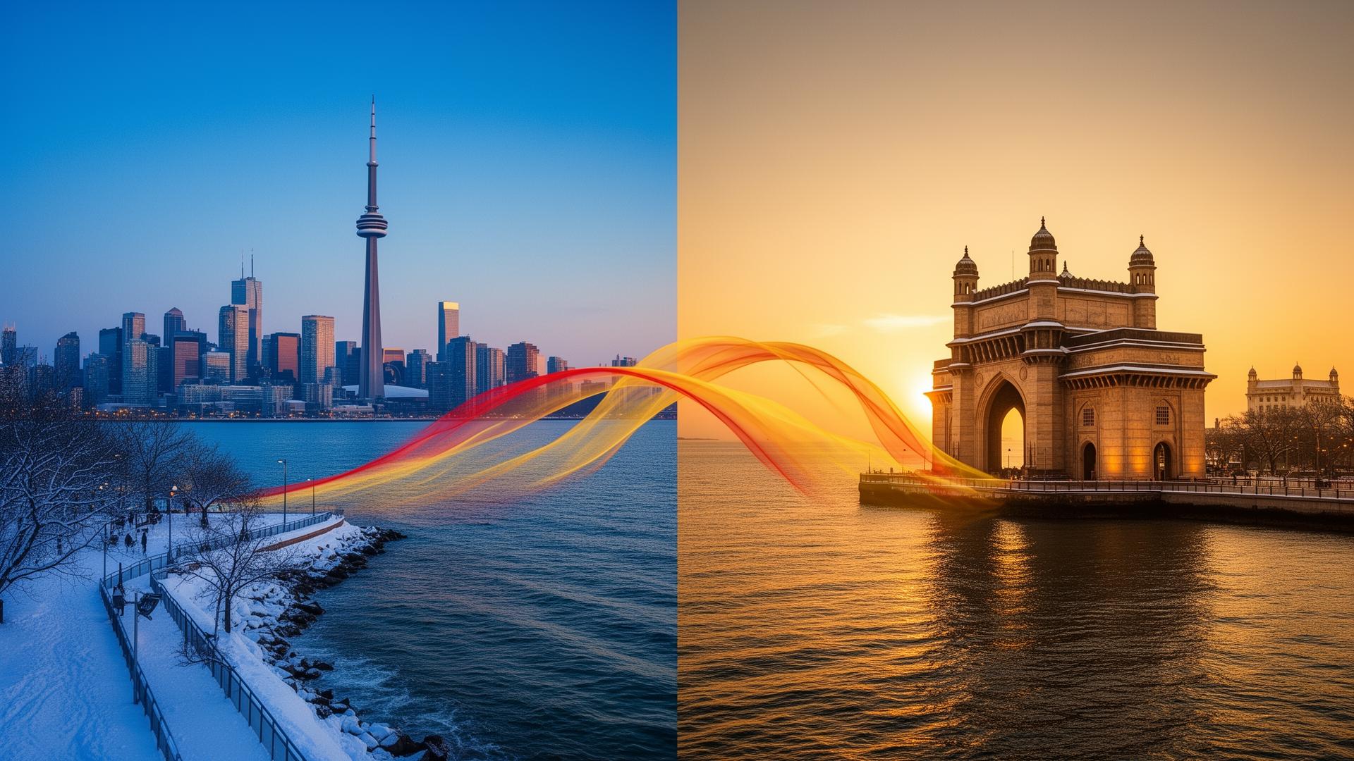 Toronto skyline at blue hour beside Mumbai's Gateway of India at golden hour with a ribbon of light connecting them
