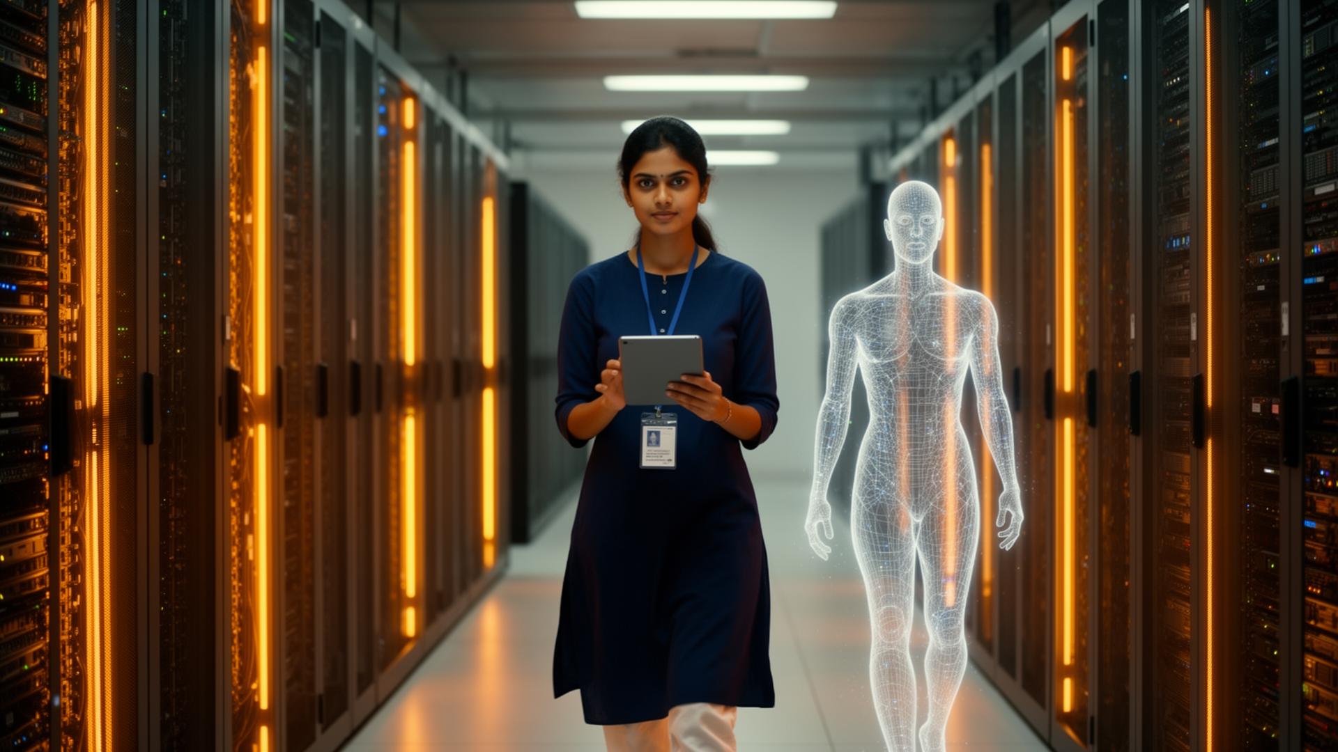 Indian woman engineer walking through a sovereign data centre with an AI co-worker