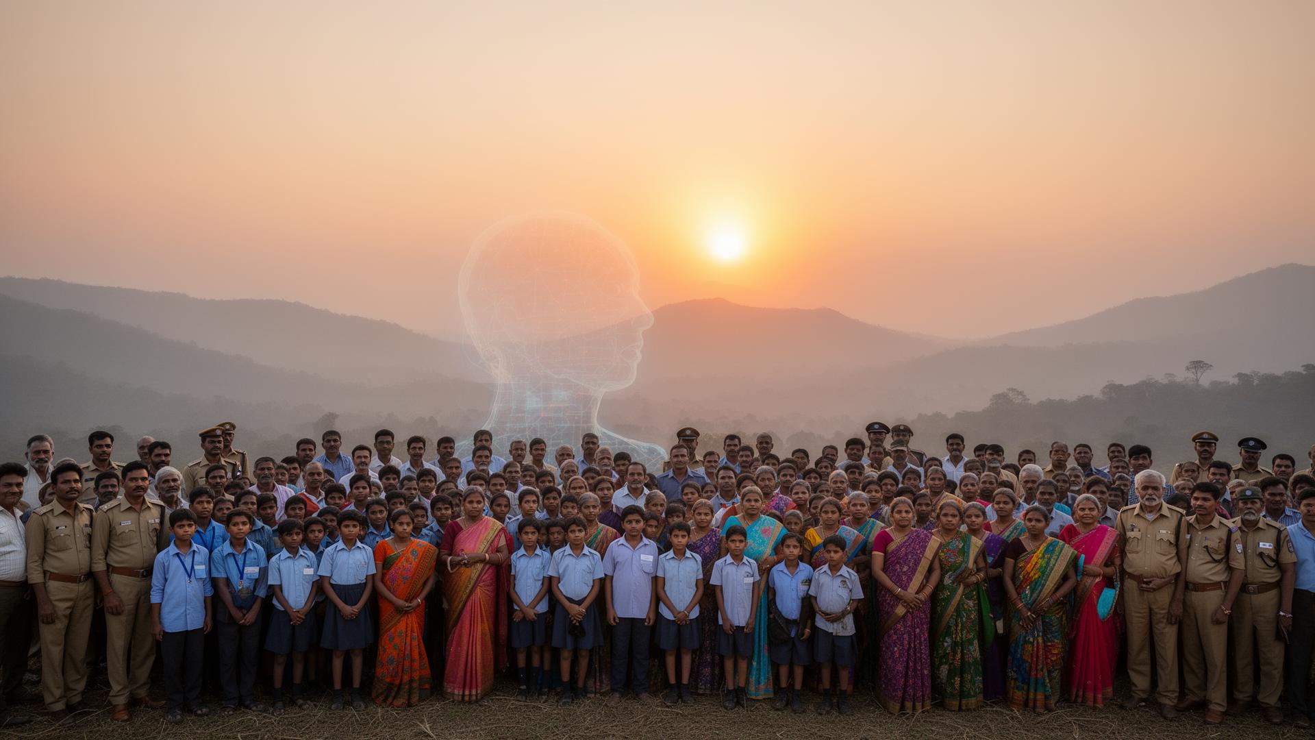 Citizens of Maharashtra standing together at dawn over the Western Ghats with a gentle AI presence