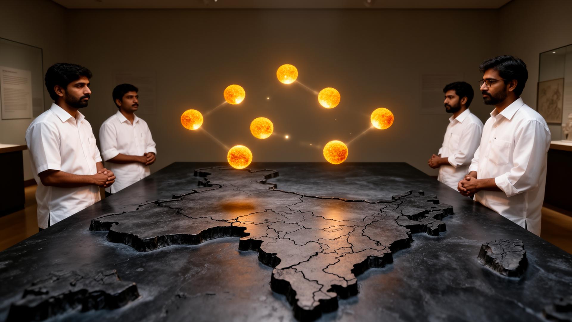 Nine glowing saffron orbs above a stone relief map of Maharashtra observed by researchers