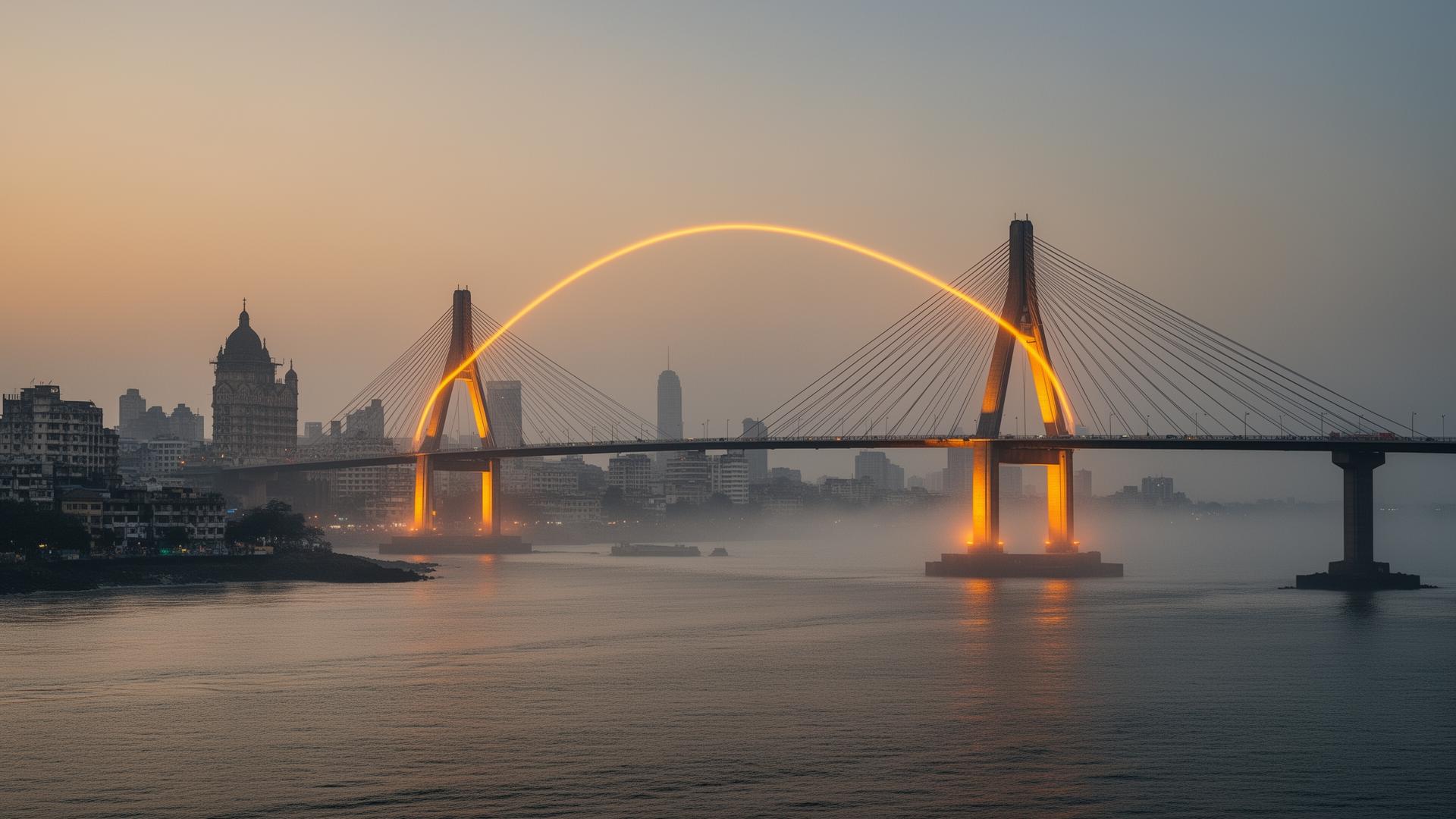 A bridge of saffron light arcing across Mumbai harbour at dawn