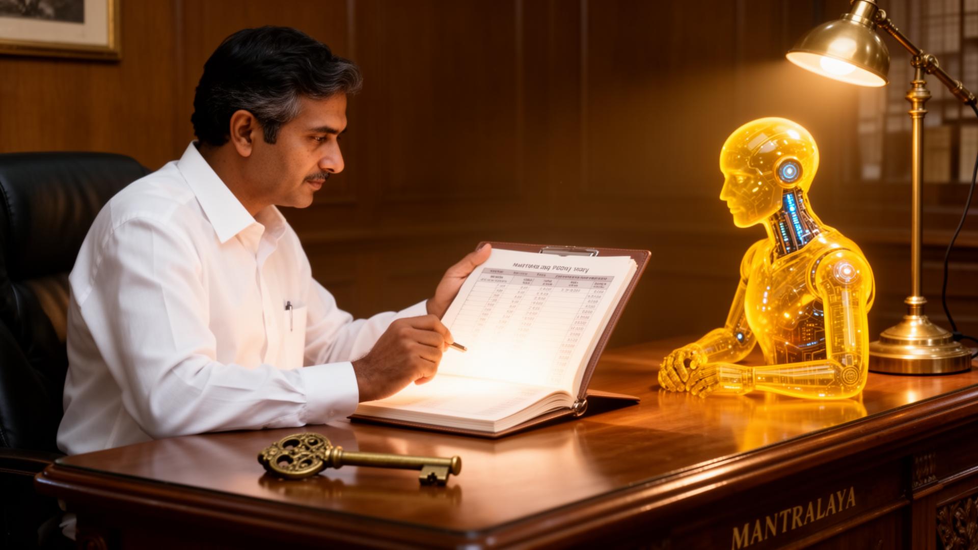 Indian government auditor reviewing a glowing ledger with an AI co-worker seated across the desk