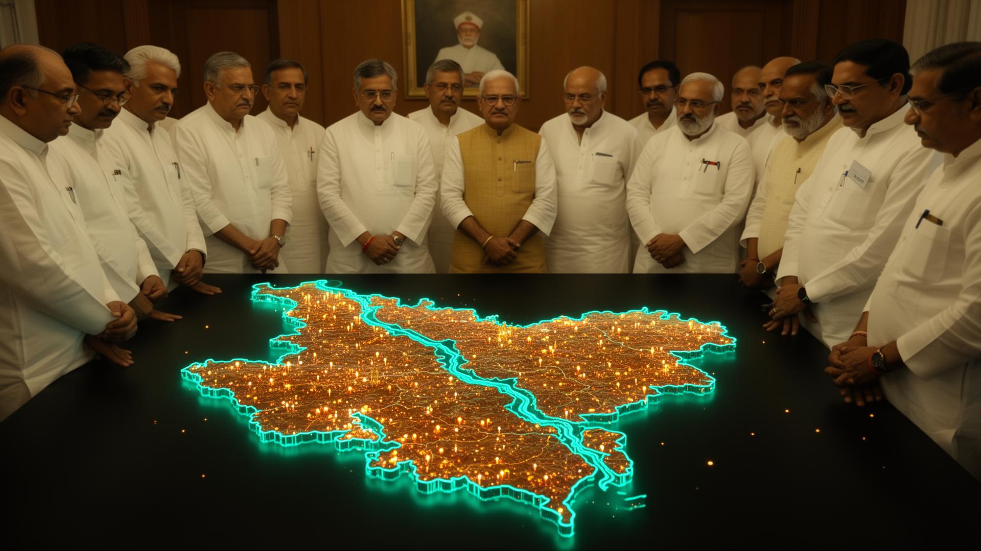Chief Minister and IAS advisors gathered around a glowing 3D holographic relief map of Maharashtra